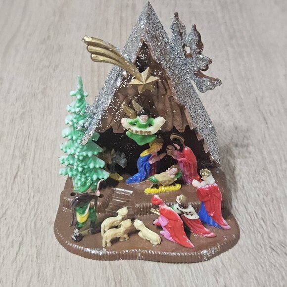 Vintage Miniature Plastic Nativity Scene Silver Glitter Christmas Retro - Picture 2 of 11